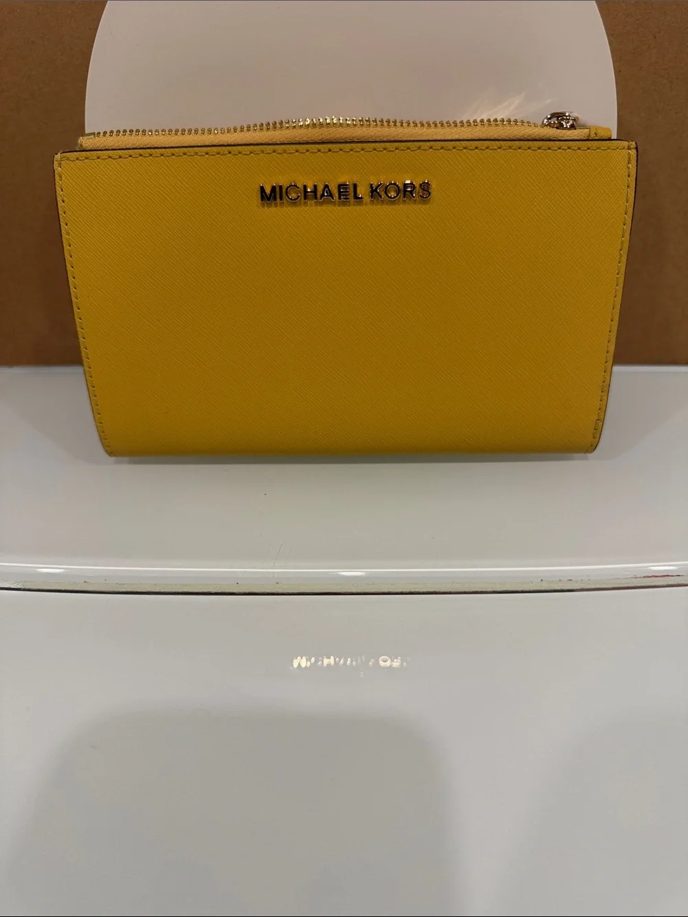 Michael Kors Yellow Saffiano Zip Wallet with Gold Logo women s new whith tag